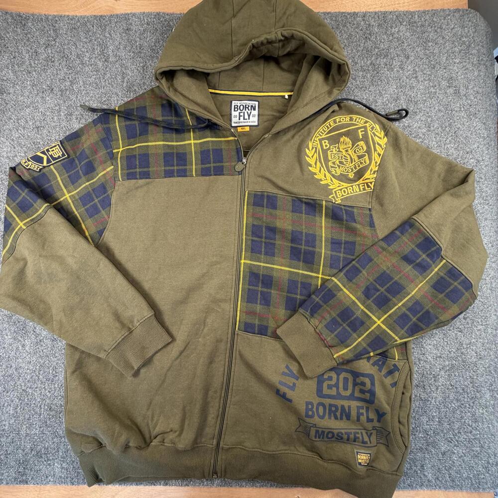 Born Fly Men's‎ 4XL Hoodie with Plaid Pattern and Graphic Prints